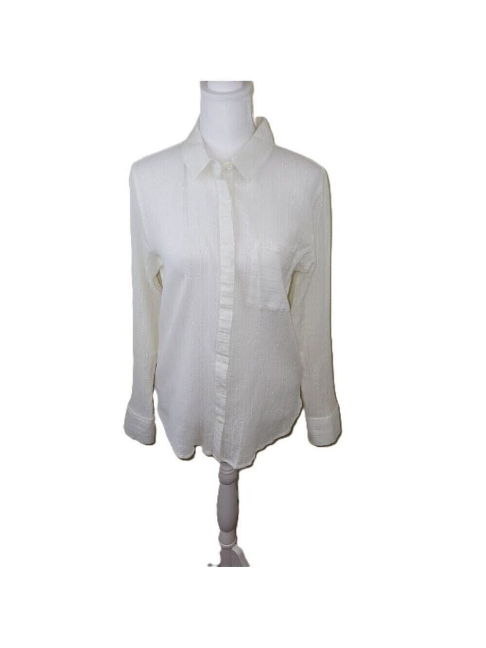 Treasure & Bond Button Up Blouse Ivory W/Silver Thread Collared Women's Size XS